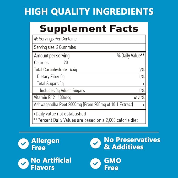 Suiyilary Ashwagandha Gummies 2000mg, Ashwagandha High Strength Root Extract Supplement with Vitamin B12 for Men Women, Strawberry Flavour 45 Days Supply 90 Gummies
