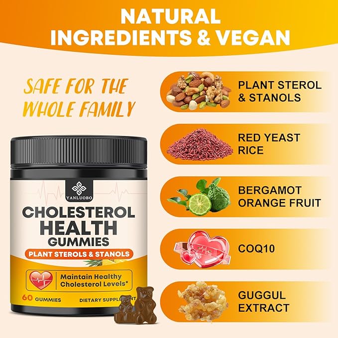 Cholesterol Supplements Gummies, Support Healthy Cholesterol Levels with 1200mg Plant Sterols & Stanols, Bergamot Orange Extract, Red Yeast Rice for Women & Men, Pineapple Flavor, 60 Counts (2 Pack)