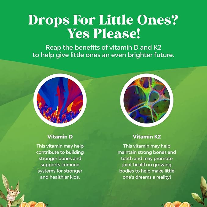 Natures Craft Kids Vitamin D3 K2 Drops - Organic Vitamin D for Kids for Strong Bones & Joints - Infants, Babies and Toddler Immune Support Drops Liquid Supplement - 2Fl Oz (Pack of 1)