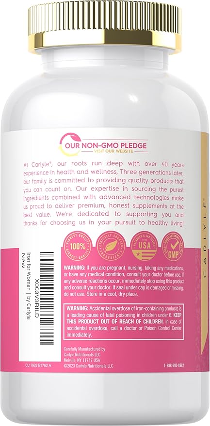 Carlyle Iron Supplement for Women 65mg | 300 Coated Tablets | Vegetarian, Non-GMO & Gluten Free