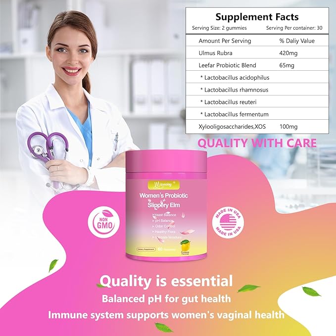 Her Juicy Feminine Probiotics Gummies for pH Balance - Slippery Elm, Lactobacillus Blend - Gut & Immune Support - Pineapple Gummies, 60 Count (Lemon)