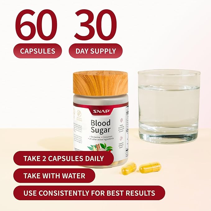 Snap Supplements Blood Sugar Blend with Berberine, CoQ10, Cinnamon, and Gymnema to Support Already Healthy Blood Sugar, Metabolic Health and Energy, Sugar Free, 60 Capsules 2-Pack (Packaging May Vary)
