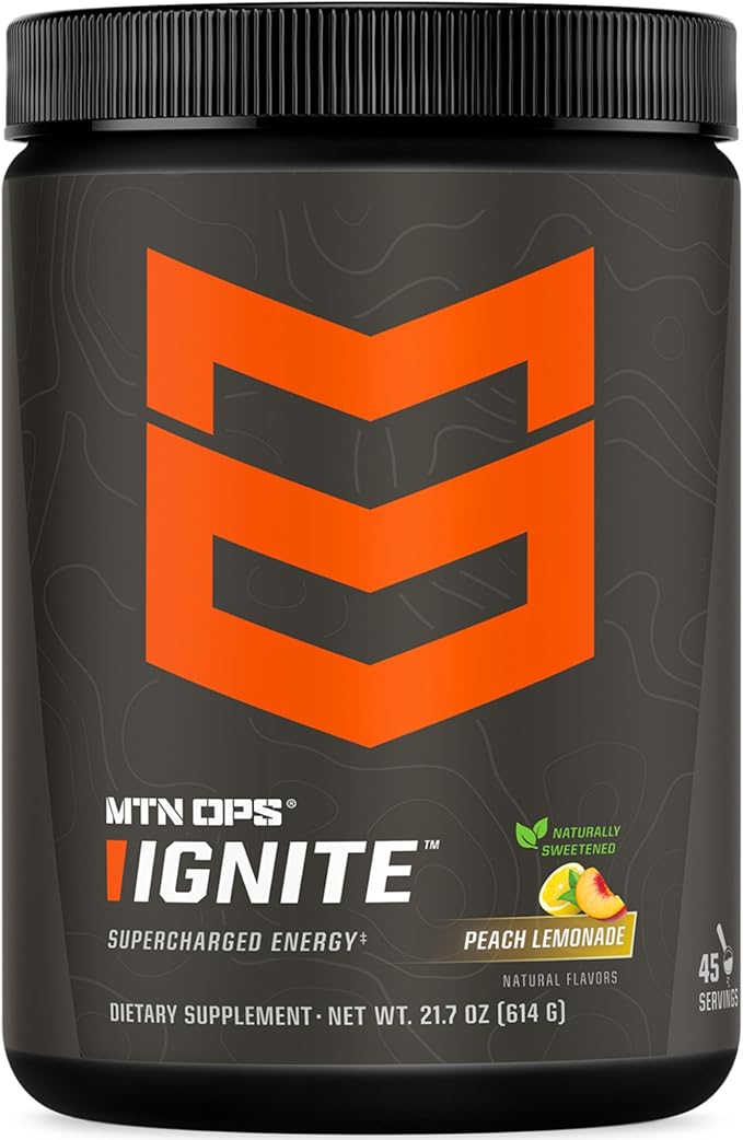 MTN OPS Ignite Sugar Free Energy Drink Powder Naturally Sweetened with Monk Fruit, 200mg Caffeine, Nootropic Blend for Energy, Focus & Endurance, L Arginine & L Citrulline, 45 Servings, Peach Lemonade