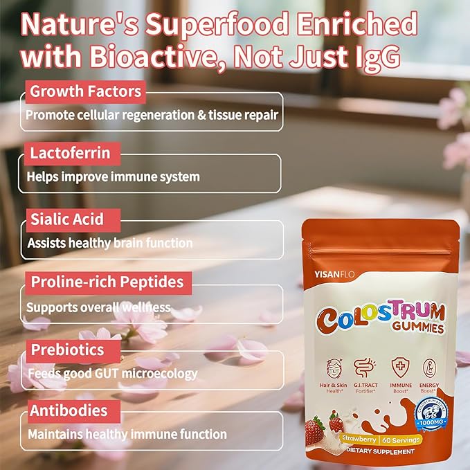 Colostrum Gummies | Delicious 1g per Serving Grass Fed Bovine Colostrum Supplement | Colostrum Chews for Gut Health, Immunity, Hair, Skin and Beauty | 60 Gummies, Strawberry Flavor