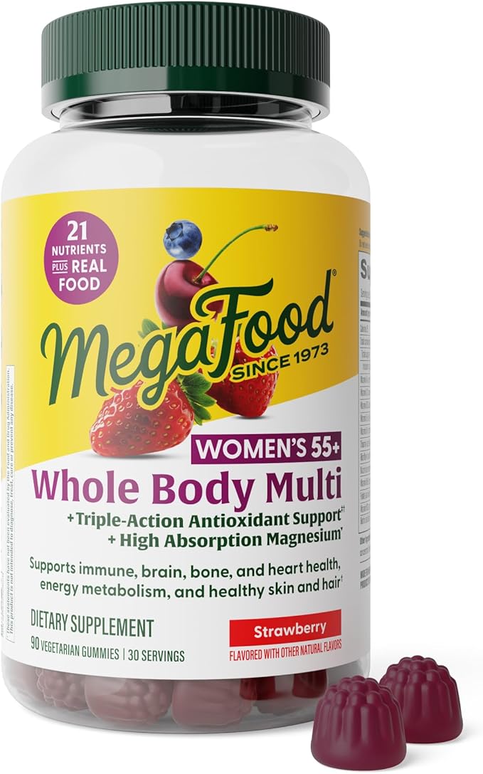 MegaFood Whole Body 55+ Womens Multivitamin - Multivitamin for Women - Vitamin D3 K2, Magnesium Citrate, Biotin & Folate - Bone Health - Brain, Heart & Immune Support - 90 Gummies, 30 Servings