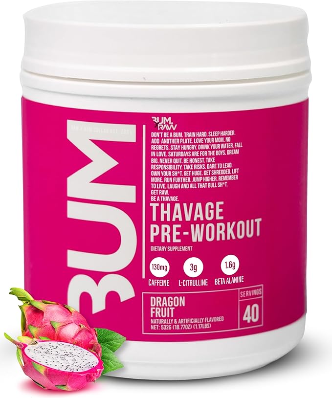 RAW Pre Workout Powder, Thavage (Dragon Fruit) - Chris Bumstead Sports Nutrition Supplement for Men & Women - Cbum Pre Workout for Working Out, Hydration, Mental Focus & Energy - 40 Servings