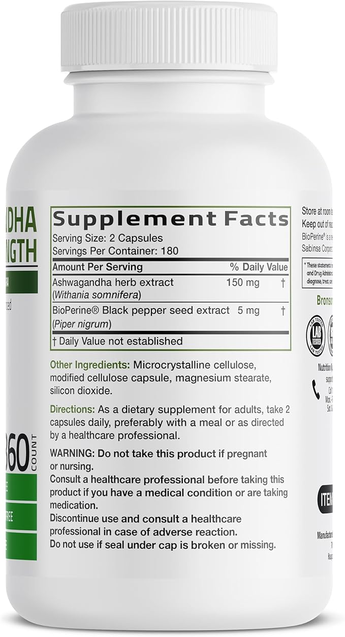 Bronson Ashwagandha Extra Strength Stress & Mood Support with BioPerine - Non GMO Formula, 360 Vegetarian Capsules