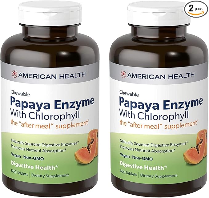 American Health Papaya Enzyme with Chlorophyll Chewable Tablets - 600 Count (200 Total Servings) (Pack of 2)