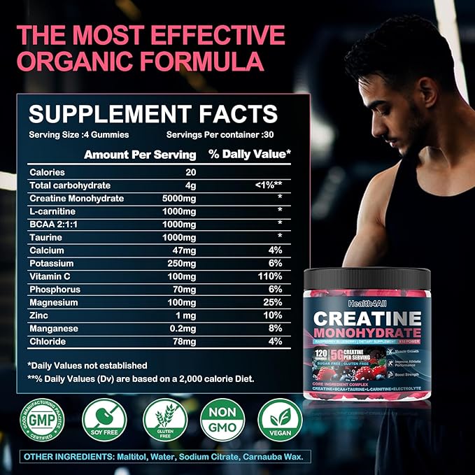 Health4All Creatine Monohydrate Gummies 5g for Men & Women, Creatine Gummy for Strength Energy & Muscle Growth Support Pre-Workout Supplement - Raspberry & Blueberry 120 Gummy
