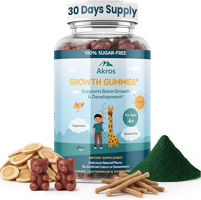 Akros Growth Gummies for Kids & Teens | Sugar-Free Calcium + Vitamin D3 & K2 Gummies - Height & Bone Support | Ashwagandha, Spirulina, L-Arginine | Non-GMO, Gluten-Free, 60 Raspberry-Watermelon Bears