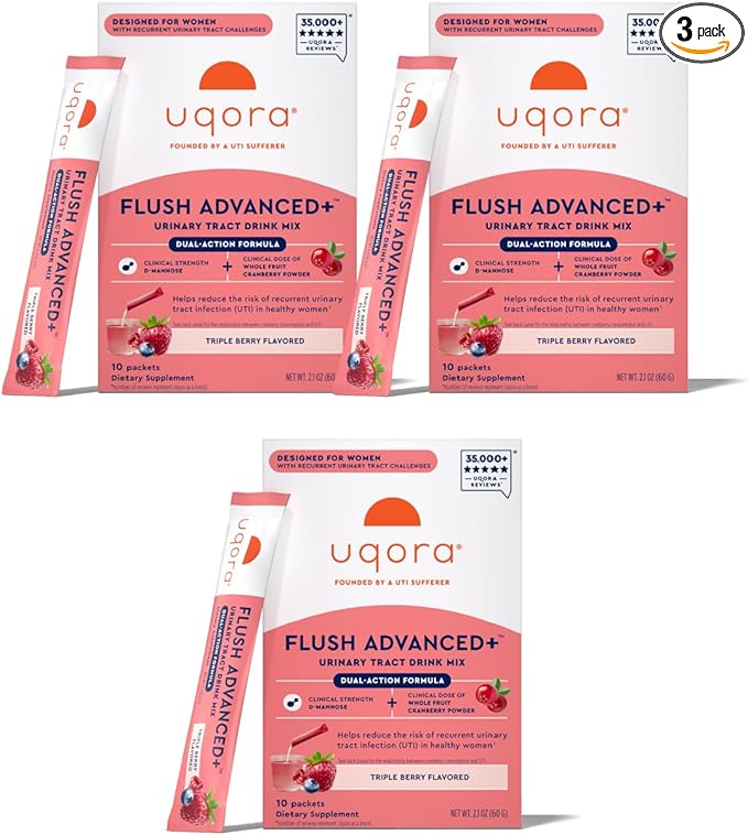 Uqora Flush Advanced+ - Helps Reduce Risk of Recurrent UTI** - with Cranberry, D-Mannose, Vitamin C, Vitamin B6 & Potassium - Gluten-Free & Vegan - Triple Berry Flavor - 10 Packets (3 Pack)