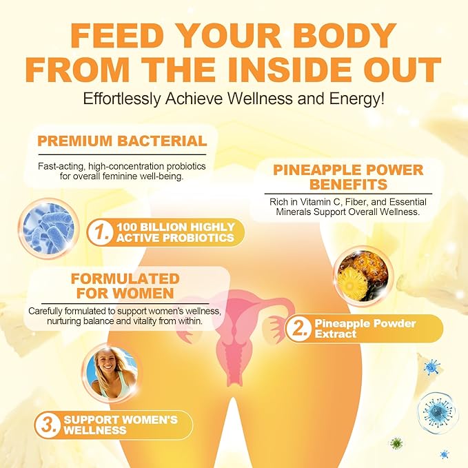 Premium Feminine Balance Gummies, Women’s Health Probiotics - 100 Billion CFU Probiotics - Immune Support, Gut Health, Hormone Balance, PH Balance Vitality, Pineapple Flavor, 60 Count