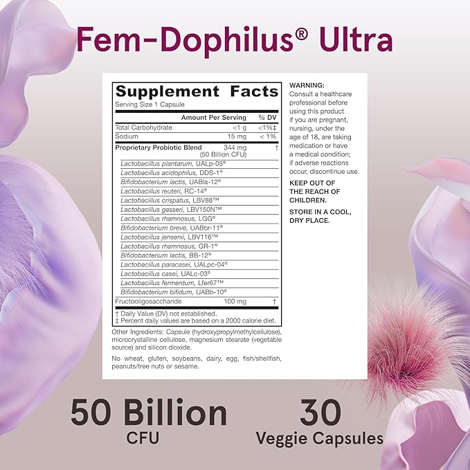 Jarrow Formulas Fem-Dophilus Vaginal & Digestive Probiotic 50 Billion CFU, 9 Clinically-Studied Strains, for Vaginal Flora & Yeast Balance, Urinary Tract, Digestive, 30 Capsules (Pack of 2)