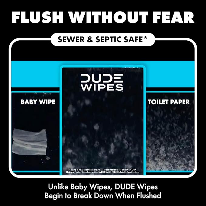 DUDE Wipes Odor Destroyer Flushable Wipes - Extra-Large Adult Wet Wipes - 6 Pack (288 Count) - Deodorizing, Lightly Scented, Controls Odor for up to 24 Hours - Septic and Sewer Safe