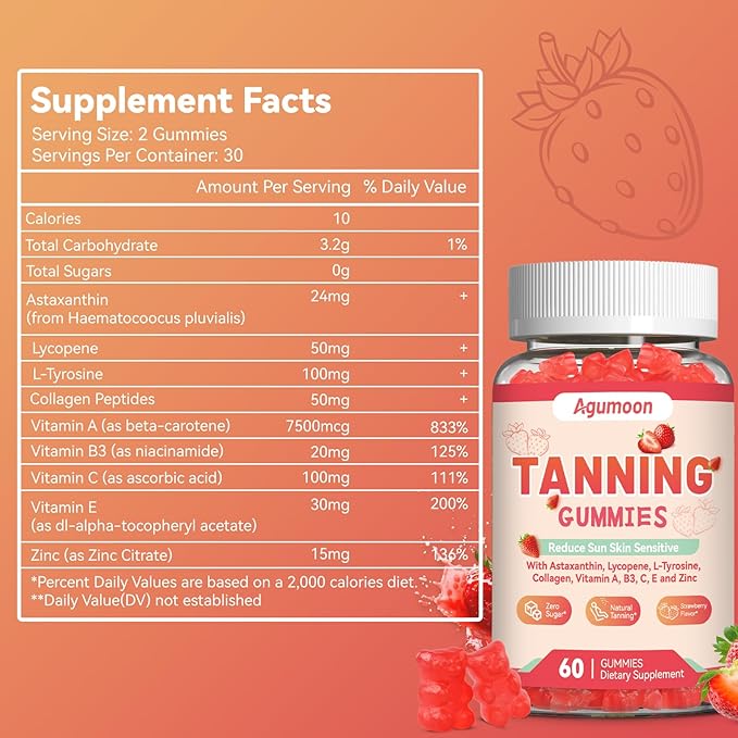 Tanning Gummies for Women and Men, Self Tan Supplement with Beta Carotene, Lycopene, Astaxanthin, Collagen & Vitamins, for Skin Health & Pigmentation, Vegan - 60 Gummies