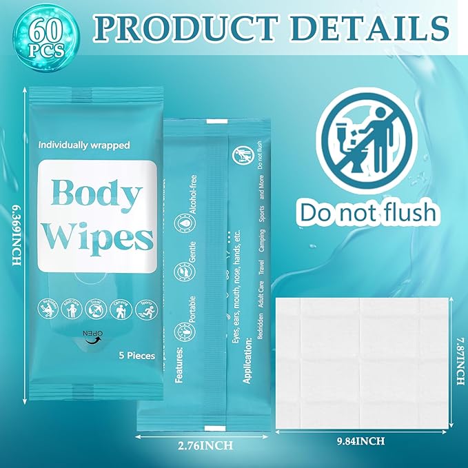 300 Pcs 60 Pack Body Wipes for Adults Bathing No Rinse Individually Wrapped Shower Wipes Washcloth with Aloe Cleansing Body Wash Cloths Disposable Bulk Deodorant Homeless(Blue Background)