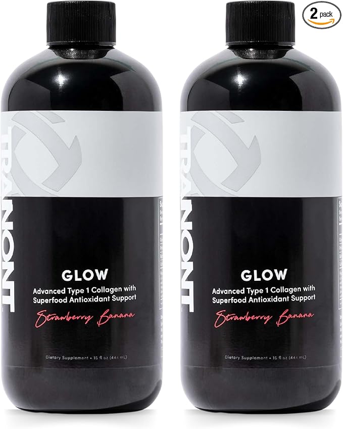 Tranont Glow Liquid Collagen for Women | Multi Collagen Peptides with Hyaluronic Acid & Biotin | Hair, Skin & Nail Support | Hydrolyzed Collagen Shot | Strawberry Banana | 30 fl oz