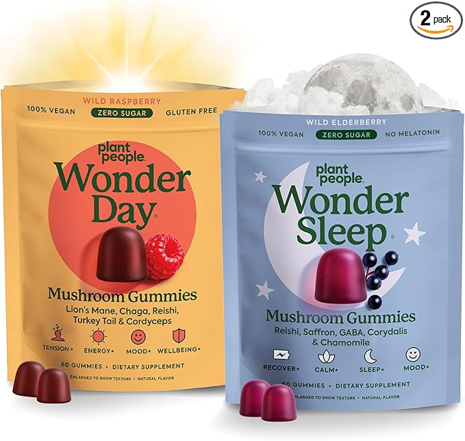 Plant People WonderDay & WonderSleep Mushroom Gummies Bundle – Daily Energy, Mood & Immune Support + Nighttime Sleep & Relaxation – Vegan - 60 Count Each