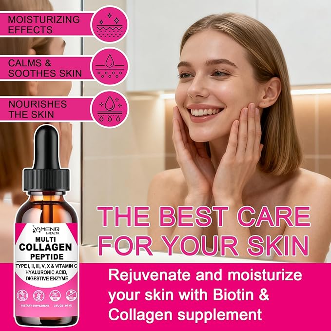 Multi Collagen Peptides Liquid Drops for Women & Men, Hydrolyzed Collagen Peptides Type (I, II, III, V, X)Proteins Complex W. Hyaluronic Acid, Biotin & Vitamin C, Support Hair Skin Joint & Gut Health