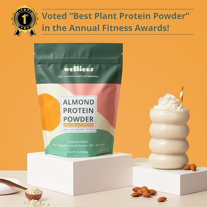 wellious Almond Protein Powder (Unflavored, Unsweetened) - 18 Grams of Pure Healthiest Vegan Protein for Women & Men | Soy-Free & Gut Friendly Protein Powder for Sports Nutrition
