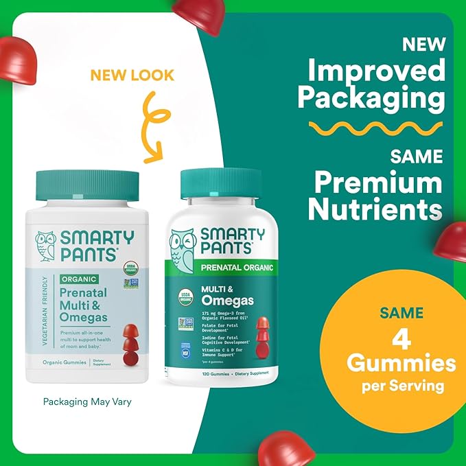 SmartyPants Organic Prenatal Vitamins for Women, Multivitamin Gummies: Biotin, Methylfolate, Omega 3 (ALA), Vitamin D3, C, Vitamin B12, B6, A, K2 & Zinc, Choline, Vegetarian, 120 Count (30 Day Supply)