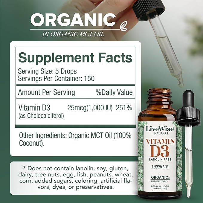Live Wise Naturals Vitamin D3 1000 IU, 25 MCG Drops - 150 Servings, Ultra Concentrated Formulation, Fast Absorption, Vegan, Organic MCT Oil Formula - Micro-Dosing Dropper for Bone & Immune Support