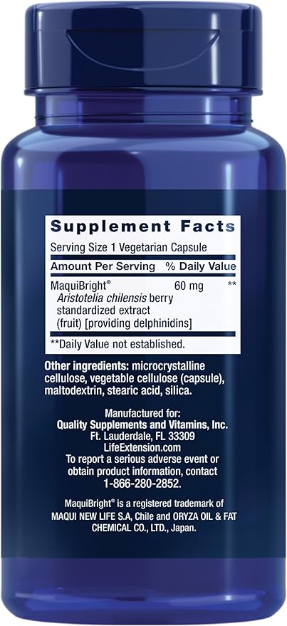 Life Extension Tear Support with MaquiBright®, 60 mg, Maqui Berry Extract for Dry Eyes, Supports Eye Health, Encourages Tear Production, Gluten-Free, Non-GMO, 1 Daily, Vegetarian, 30 Capsules
