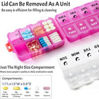 Foldable Weekly Pill Organizer 2 Times a Day with 2 Extra Compartments (Clear Printed Labels) - 7 Day AM PM Medicine Box, Week Daily Travel Pill Case Holder for Vitamin, Supplement - Clear Pink