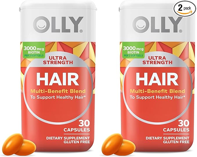 OLLY Ultra Strength Hair Softgels,Supports Hair Health,Biotin,Keratin,Vitamin D,B12,Hair-Supplement,30 Day Supply - (Packaging May Vary),30 Count (Pack of 2)
