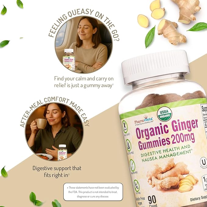 Pharmvista USDA Organic Ginger Gummies 200mg 90 Count for Nausea Management and Digestive Health