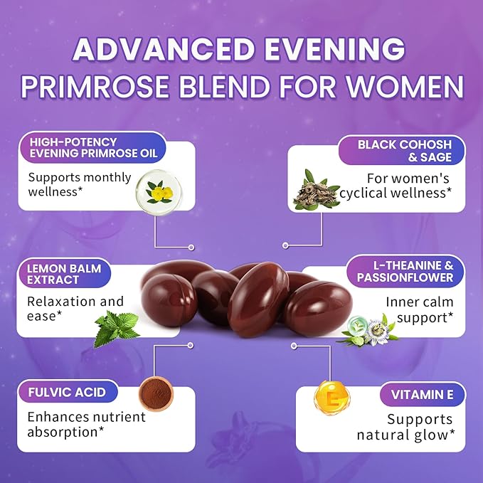 Lukaree 2 Pack Evening Primrose Oil Complex for Women – Hormone Wellness with Cold-Pressed EPO, 10% GLA, Sage, Fulvic Acid, L-Theanine – Cyclical Balance, Mood, Skin & Immune Health, 180 Softgels