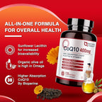 NATURE TARGET CoQ10-400mg Plus PQQ with Vitamin E & Organic Olive Oil - Coenzyme-Q10 with BioPerine - High Absorption Antioxidant-for-Heart-Health and Energy Production,120 Servings