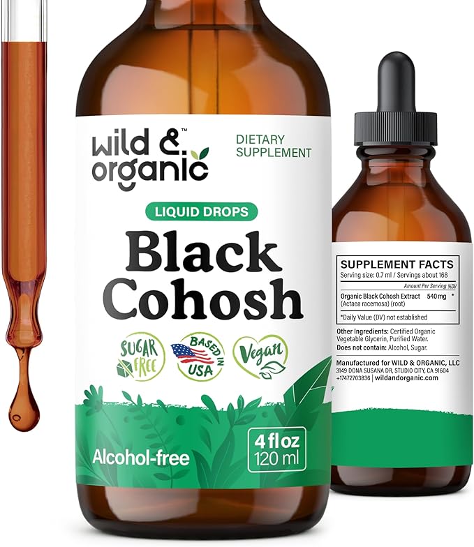 Wild & Organic Black Cohosh Supplements - Menopause Supplements for Women - 540 mg Black Cohosh Root Extract Tincture - Add to Tea Drops - 5-Month Supply - Vegan, Sugar & Alcohol-Free - 4 fl oz