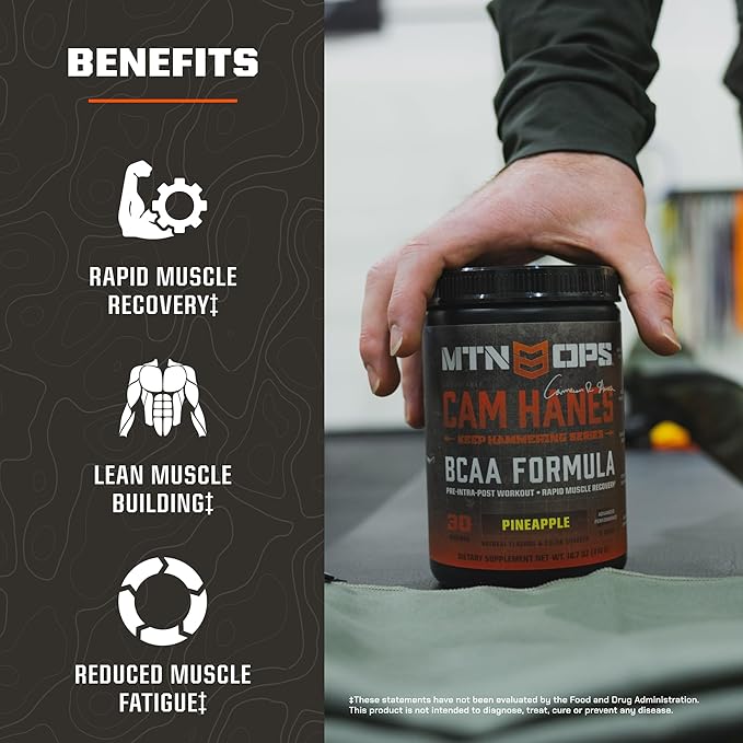 MTN OPS BCAA Powder 2:1:1 Amino Acids Supplement Powder for Rapid Muscle Recovery & Repair with Zero Sugar & Gluten Free - 30-Servings, Tropical Punch, Cameron Hanes Keep Hammering Series