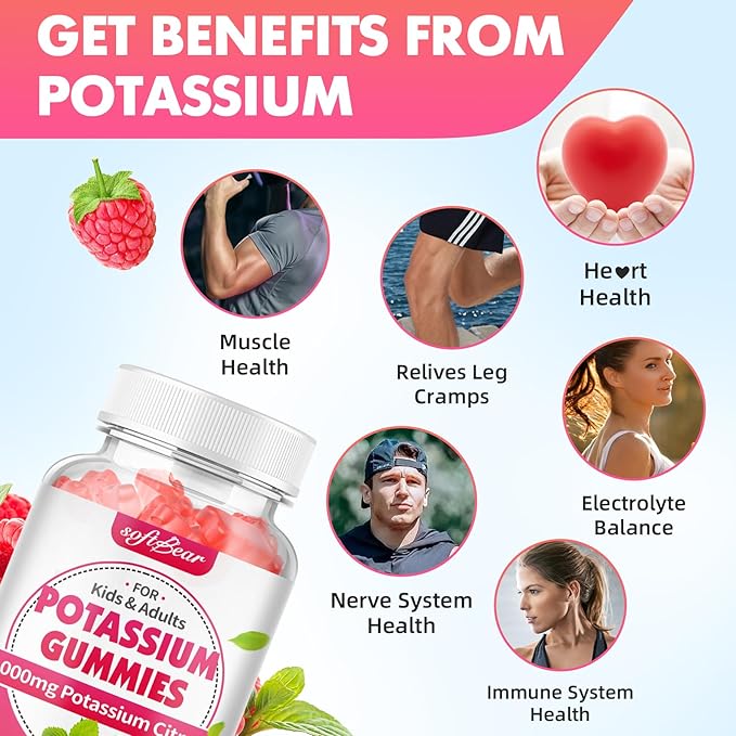 softbear Potassium Citrate 1000mg Gummies – Suagr Free Potassium Gummies for Muscle Support & Electrolyte Balance – Potassium Supplement for Women & Adults, Vegan, Raspberry Flavor (60 Count)