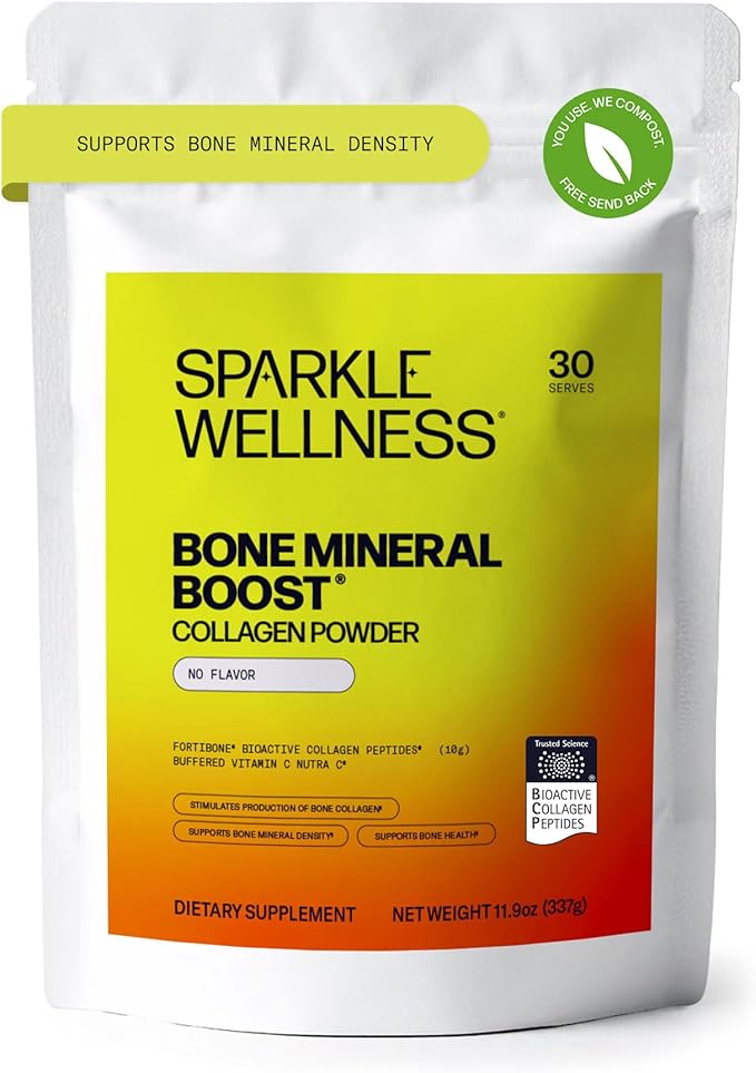 Sparkle Wellness FORTIBONE Bioactive Collagen Peptides | Collagen Powder Supplement with Nutra C Buffered Vitamin C for Bone Health | Bone Mineral Boost (No Flavor) [30 Serves]