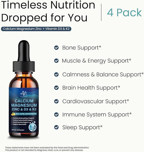 (4 Pack) 10 in 1 Calcium Magnesium Zinc Supplement, Magnesium Glycinate Complex Liquid Drops with Vitamin D3 K2 B6, Vegan Calcium Citrate Bone & Immune Health Support, Sleep & Cramps, Boron, 1 Fl Oz