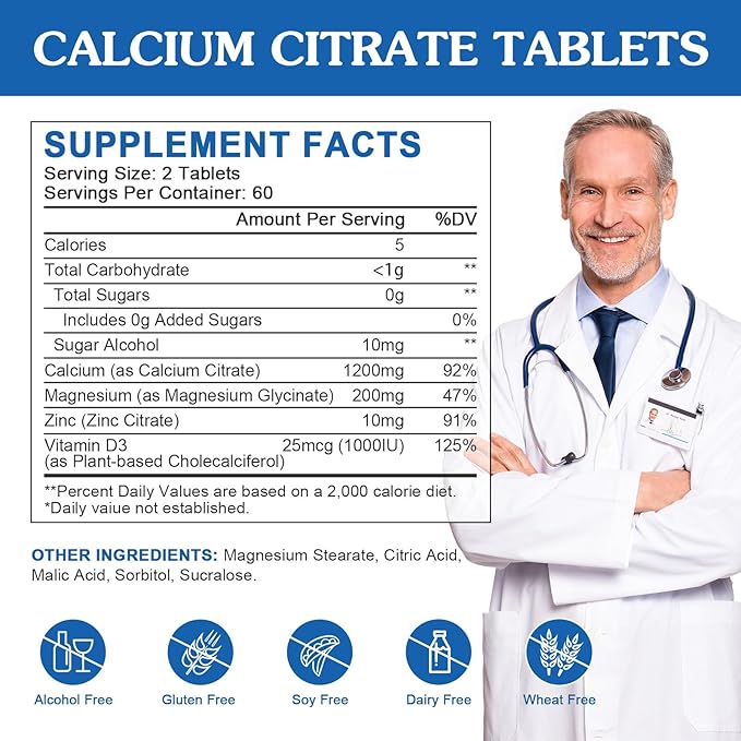 Calcium Citrate 1200mg Supplement with Vitamin D3 for Women and Men - Calcium Magnesium Zinc D3 Supplement for Bone, Teeth, Immune Support, Vegan-Friendly - 120 Tablets (2 Pack)