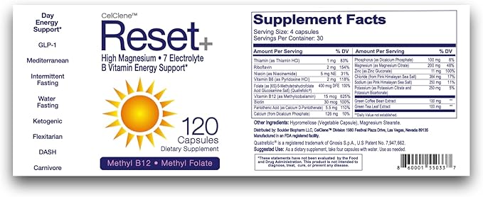Reset+, 7 Energy Electrolytes, High Methyl B12, Methyl Folate, Pink Salt, High Magnesium, Super B Complex, Green Tea & Green Coffee Extracts, Biotin, Zinc, 72 Trace Minerals