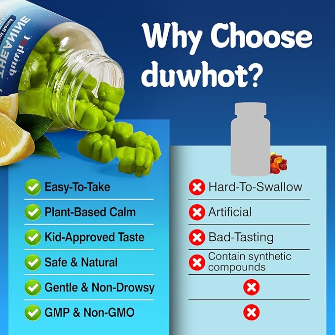 duwhot L Theanine Gummies, 200/400mg L-Theanine Supplement for Adults & Kids, Natural Stress Relief, Relaxation, Zzz & Focus Support Gummy, Organc,Vegan, Low Sugar,Non-Drowsy,Lemon Flavor,60 Chewables