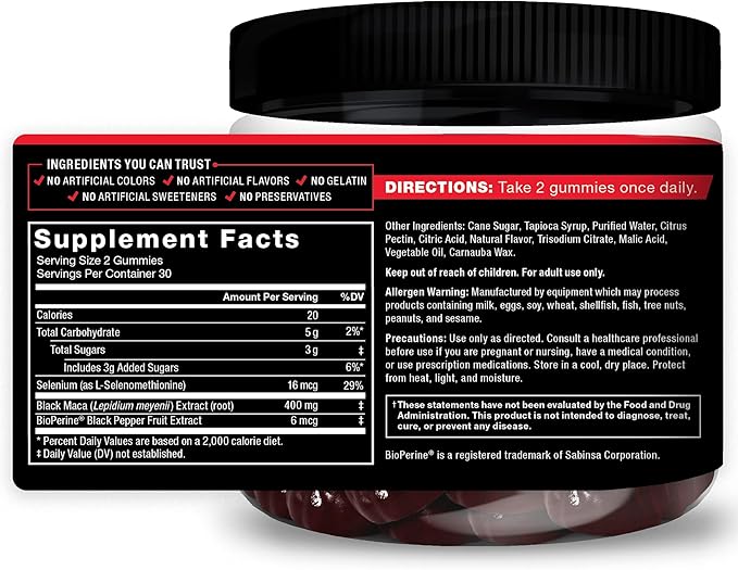 Force Factor Black Maca Gummies, 2-Pack, Black Maca Root to Enhance Male Vitality, Increase Energy & Strength, with BioPerine for Superior Absorption, Delicious Passion Berry Flavor, 120 Gummies