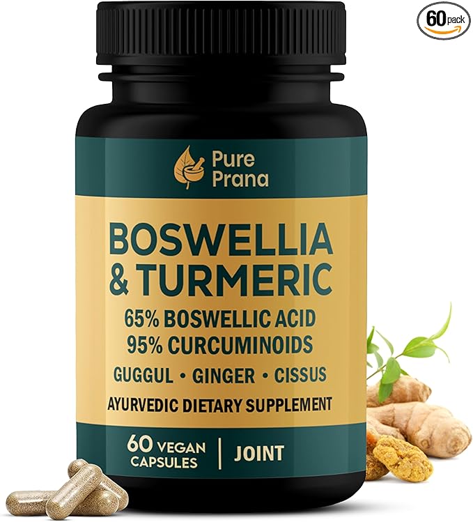Pure Prana Boswellia Serrata & Turmeric Curcumin Supplement with Guggul, Ginger & Cissus – Supports Joint Comfort & Mobility – 95% Curcuminoids – Vegan, Non-GMO – 60 Capsules
