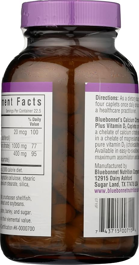 Bluebonnet Nutrition Calcium Citrate Magnesium Plus Vitamin D3 Caplets, Bone Health & Muscle Relaxation, Non GMO, Gluten, Soy & Milk Free, Kosher, White, 90 Count