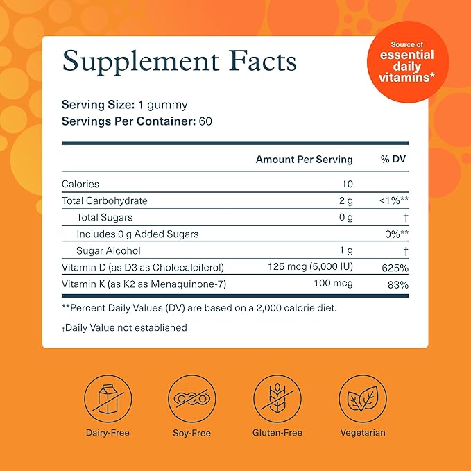 Youtheory K2D3 - Bone & Heart Health Support* - Combines Vitamin D3 & Vitamin K2 - Dairy, Soy & Gluten Free - Peach, 60 Vegetarian Gummies