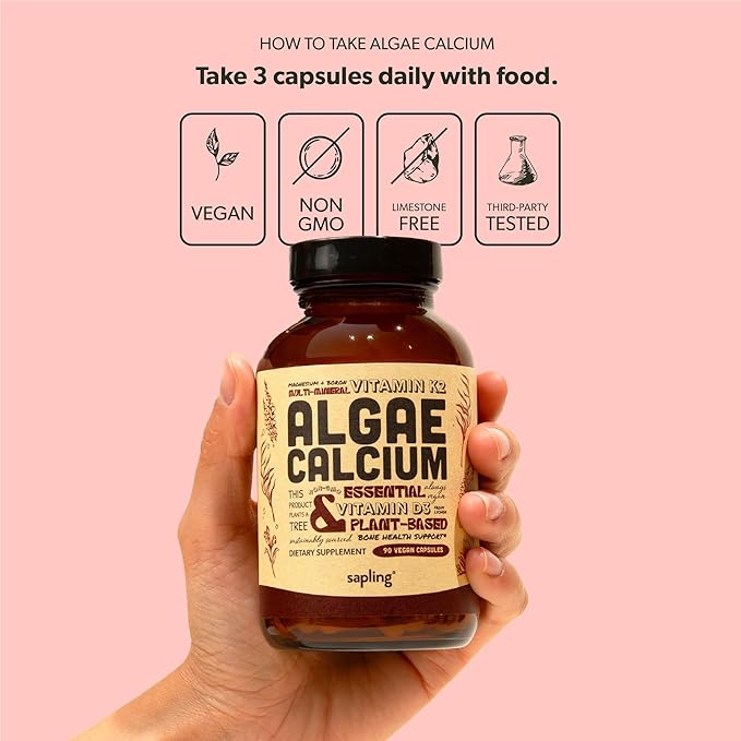sapling Calcium Supplement - Whole Food with Vitamin K2 & D3, Magnesium, Zinc, Boron, Mineral Complex. Sourced Sustainably from Red Algae. for Bone Strength and Support. Non-GMO & Vegan 90 Capsules.