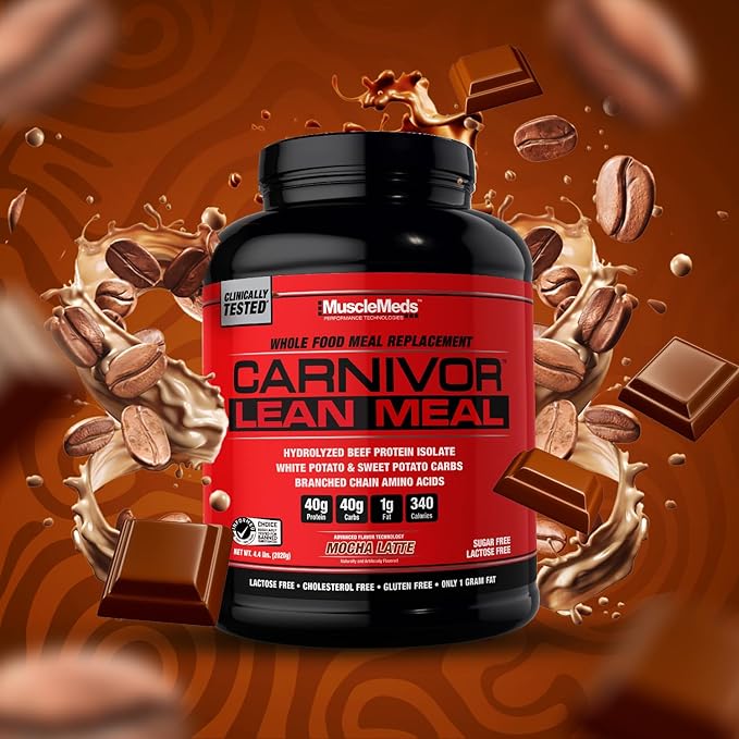 MuscleMeds CARNIVOR Lean Meal Whole Food Meal Replacement Shake, MRE, Beef Protein Isolate, White Potato, Sweet Potato, 40g Protein, 40 g Carbs, Lactose Free, Sugar Free, Mocha Latte 20 Servings