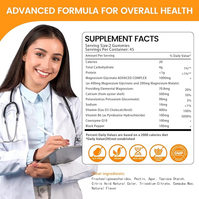 Magnesium Glycinate Gummies 1000mg, High Absorption Sugar Free Magnesium Potassium Supplement for Relaxation, Stress Relief, and Sleep Support for Adults & Kids - 180 Orange Gummies