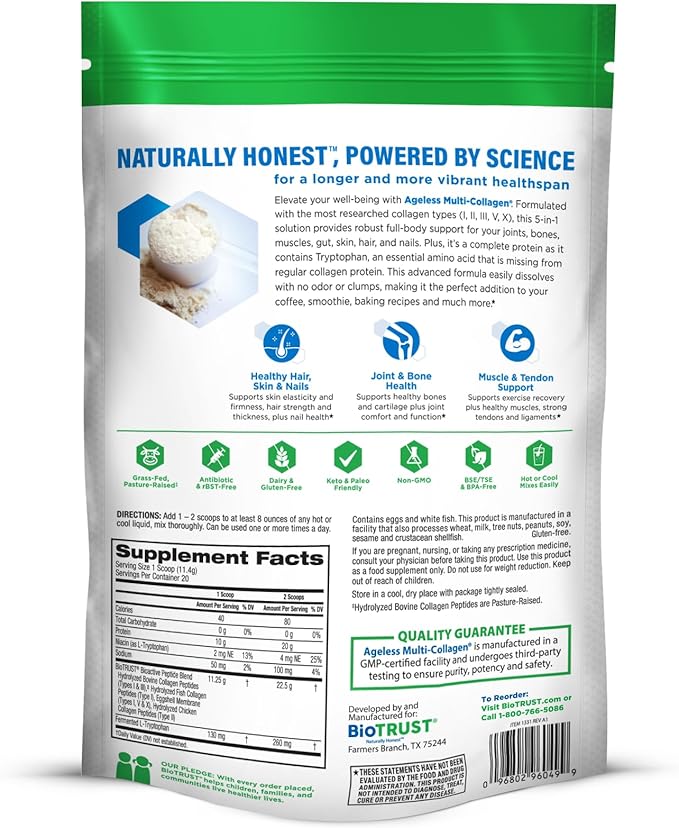 BioTrust Ageless Multi Collagen Peptides Powder – 5 Types (I, II, III, V, X) – Unflavored Collagen Powder for Women & Men – Hydrolyzed Protein – Grass Fed Beef, Fish, Chicken, Eggshell Membrane, 2-pk