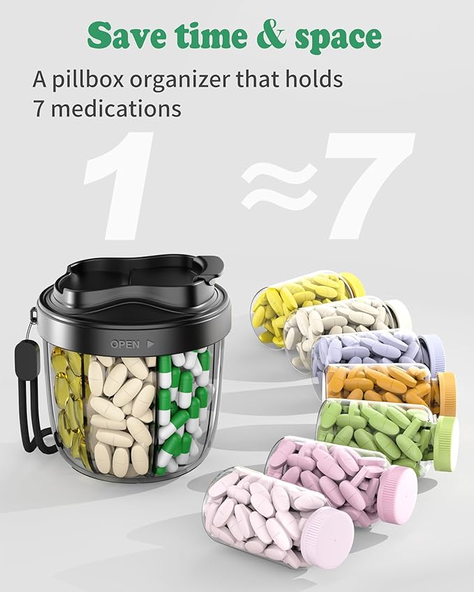 Pill Organizer with 7 Compartments, Pill Box Case for Holding 7 Different Vitamins, Anti-Mix Design for Easy Medication Retrieval. Travel Pill Organizer with 20 Labels. Pill Container (Black)