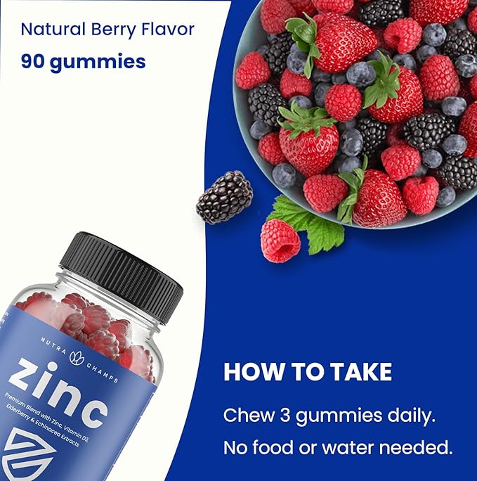 NutraChamps Zinc Gummies | 4-in-1 Zinc Gummies Adult | Zinc Chewable 50mg with Vitamin D3 2000 IU, Elderberry & Echinacea | Immune, Heart & Brain Support | 90 Count